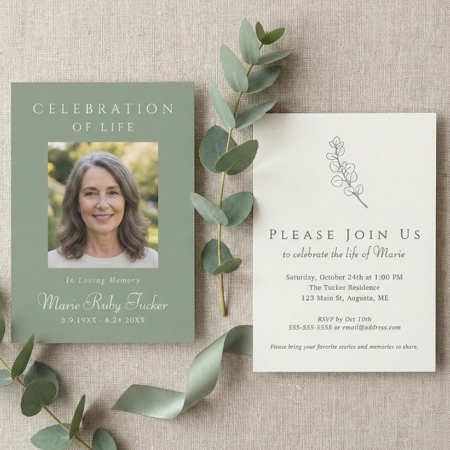 Sagegrön fotofirande av livsinbjudan inbjudningar (Sage Green Botanical Custom Photo Celebration of Life Invitation)