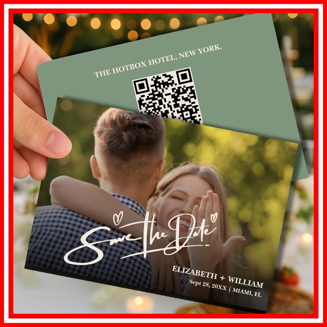 Sagegrön foton QR-kod | Modern Bröllop Spara Datumet (Skapare uppladdad)
