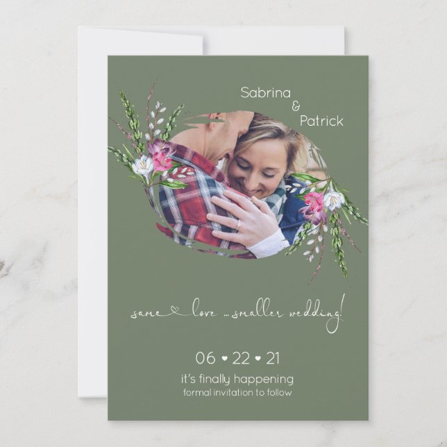 Sagegrön fotram floral  spara datumet (Framsida)