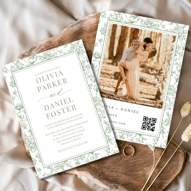Sagegrön fransk blomsterfoto QR-kod  Inbjudningar (Skapare uppladdad)