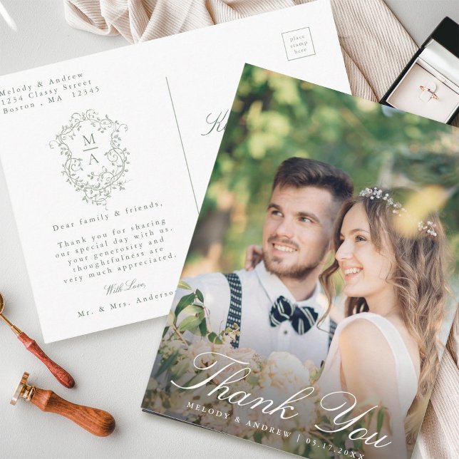 Sagegrön fransk blomsterprydd vigselkort tack  vykort (Front & Back)