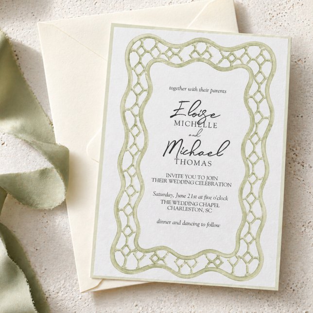 Sagegrön fransk gitterbröllopsinbjudan inbjudningar (Sage Green French Trellis Wedding Invitation)
