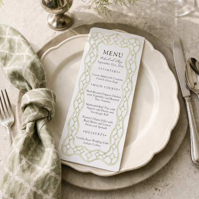 Sagegrön fransk gitterbryllopsmiddag meny (Sage Green French Trellis Wedding Dinner Menu)