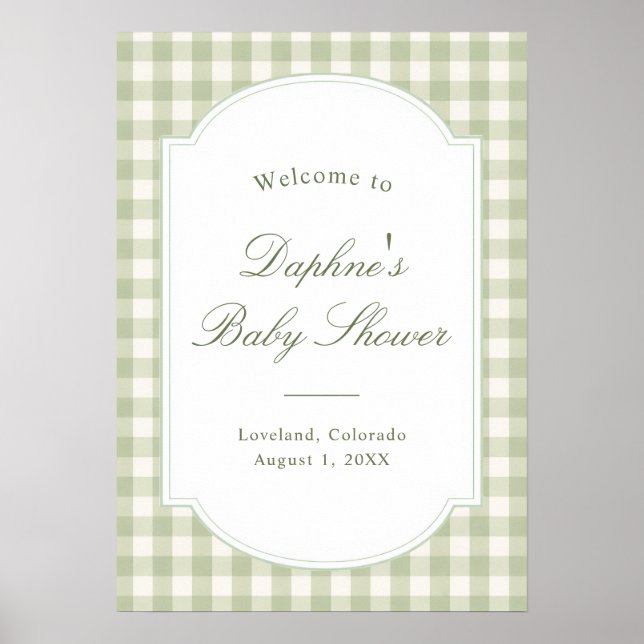Sagegrön Gingham Baby Shower-affisch Poster (Framsidan)