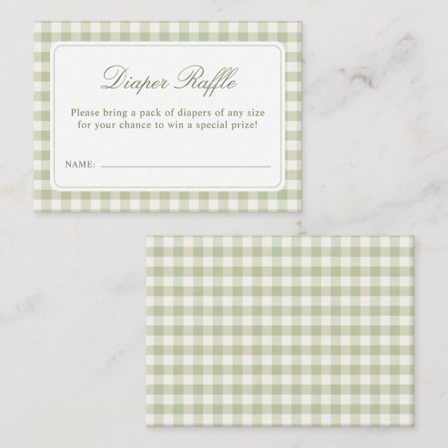 Sagegrön Gingham Baby Shower Blöja Lotteri Tilläggskort (Fram/baksida)