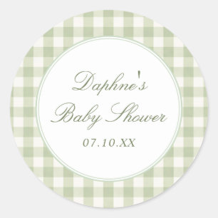 Sagegrön Gingham Baby Shower-dekal Runt Klistermärke