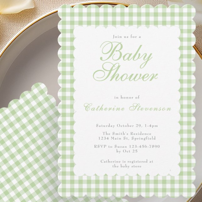 Sagegrön Gingham Baby Shower Inbjudan (Skapare uppladdad)
