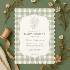 Sagegrön Gingham Baby Shower-inbjudan Inbjudningar