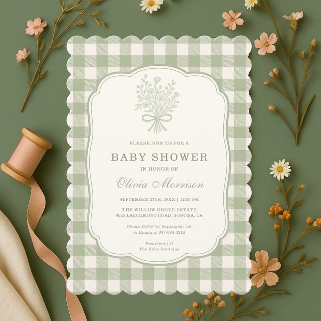 Sagegrön Gingham Baby Shower-inbjudan Inbjudningar (Skapare uppladdad)