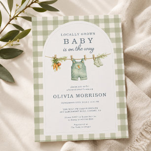 Sagegrön Gingham Baby Shower Lokalt Odlad Inbjudningar