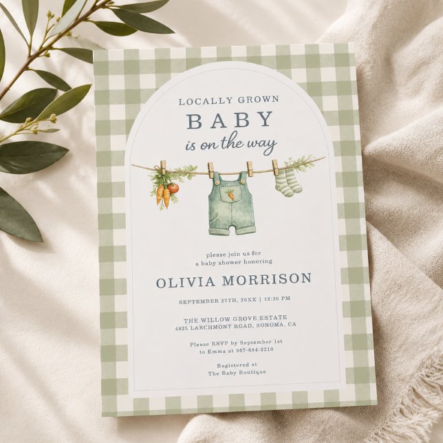 Sagegrön Gingham Baby Shower Lokalt Odlad Inbjudningar (Skapare uppladdad)