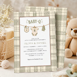Sagegrön Gingham Baby Shower Mysig Grillfest Inbjudningar