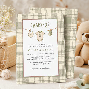 Sagegrön Gingham Baby Shower Mysig Grillfest Inbjudningar