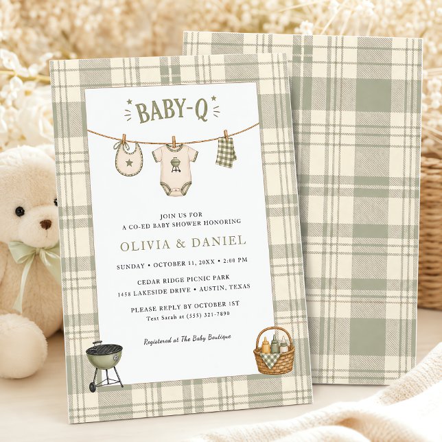 Sagegrön Gingham Baby Shower Rustik BBQ Inbjudningar (Sage Green Gingham Baby Shower Rustic BBQ Invitation)