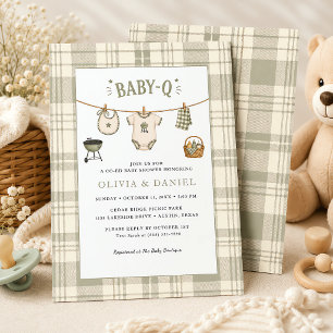 Sagegrön Gingham Baby Shower Vintage Grillfest Inbjudningar