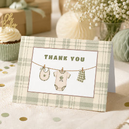 Sagegrön Gingham Baby Shower Vintage Grillfest Tack Kort