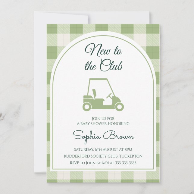 Sagegrön Gingham-båge Golf Baby Shower Inbjudningar (Framsida)