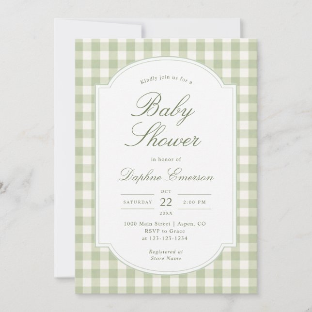 Sagegrön Gingham Bebis Shower Inbjudningar (Framsida)