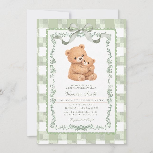 Sagegrön Gingham Björn Mamma & Bebis  Inbjudningar (Framsida)