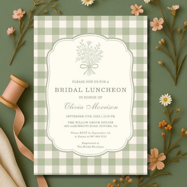 Sagegrön Gingham Blommig Båge Bröllopslunch Inbjudningar (Skapare uppladdad)