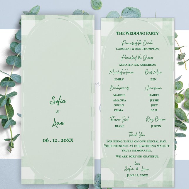Sagegrön Gingham Bröllopsceremoni Program (Sage Green Gingham Wedding Program | Garden Party Ceremony Program Card)