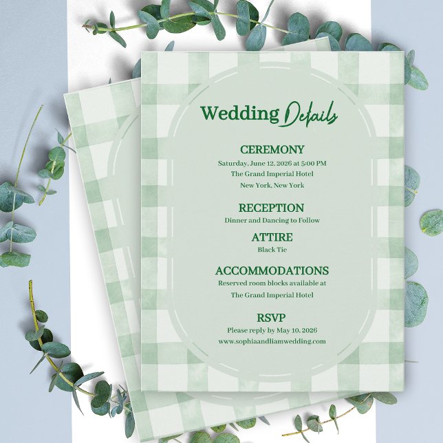 Sagegrön Gingham Bröllopsdetaljer Information Tilläggskort (Sage Green Gingham Wedding Details Card | Garden Party Information Card)