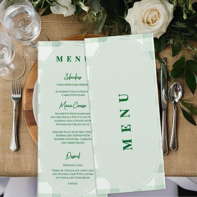 Sagegrön Gingham Bröllopsmottagning Middag Meny (Sage Green Gingham Wedding Menu Card | Garden Party Reception Menu)