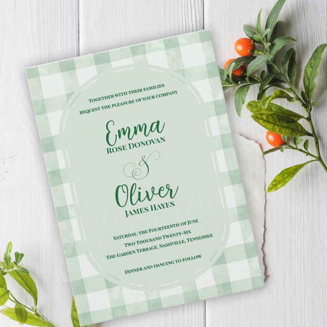 Sagegrön Gingham Bröllopsträdgårdsfest Inbjudningar (Sage Green Gingham Wedding Invitation | Garden Party Wedding Invite )