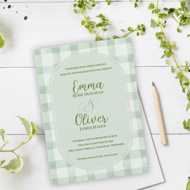 Sagegrön Gingham Bröllopsträdgårdsfest Inbjudningar (Sage Green Gingham Wedding Invitation | Garden Party Wedding Invite)
