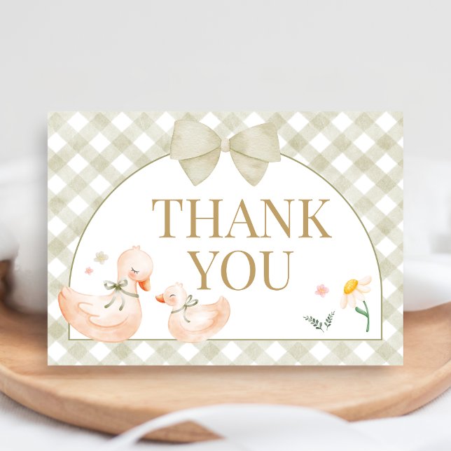 Sagegrön Gingham Dumma Gås Bebisbad Tack Kort (Silly Goose Baby Shower Thank You Card)