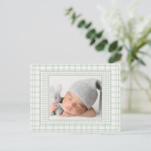Sagegrön Gingham En Foto Könsneutral Födelse Meddelande Vykort
