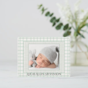 Sagegrön Gingham En Foto Könsneutral Födelse Meddelande Vykort