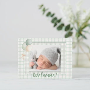Sagegrön Gingham En Foto Könsneutral Födelse Meddelande Vykort