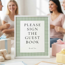Sagegrön Gingham Gästbok Baby Shower Skylt