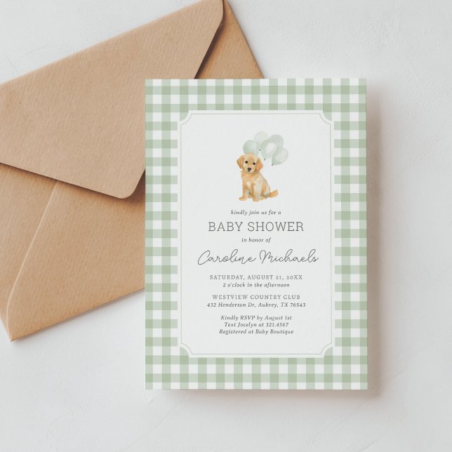 Sagegrön Gingham Golden Retriever Bebis Shower Inbjudningar (Skapare uppladdad)