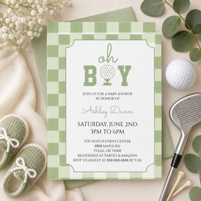 Sagegrön Gingham Golf Baby Shower Inbjudningar (Skapare uppladdad)