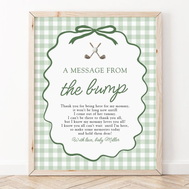 Sagegrön Gingham Golf Ett meddelande från knoppen Poster (Sage Green Gingham Golf A Message from the Bump Sign)