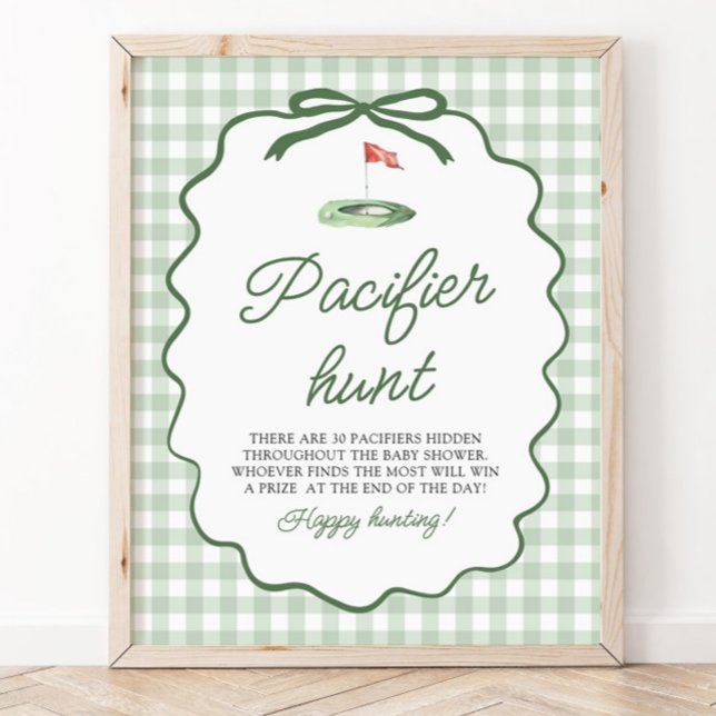 Sagegrön Gingham Golf Nappjakt Bebisdusch Poster (Sage Green Gingham Golf Pacifier Hunt Baby Shower)