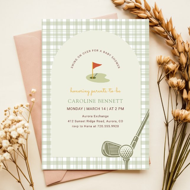 Sagegrön Gingham Golf Pojk Babyshower Inbjudningar (Skapare uppladdad)