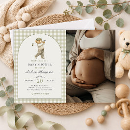 Sagegrön Gingham Golf Pojke Baby Shower Foto Inbjudningar