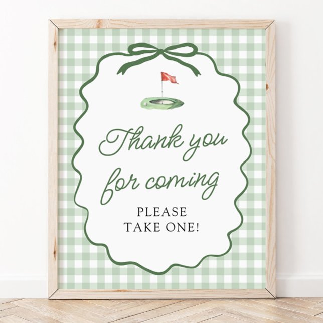 Sagegrön Gingham Golf Tack för besöket Skylt (Sage Green Gingham Golf Thank you for coming Sign)