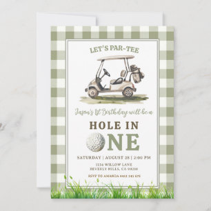 Sagegrön Gingham Hole in One Golf Pojkfödelsedag Inbjudningar