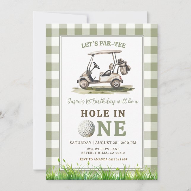 Sagegrön Gingham Hole in One Golf Pojkfödelsedag Inbjudningar (Framsida)