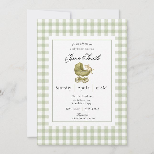 Sagegrön gingham kattunge baby shower inbjudan (Framsida)
