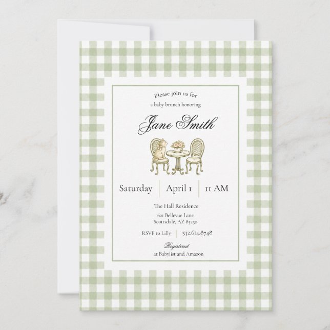 Sagegrön Gingham Kattunge Bebisbad Invitation (Framsida)