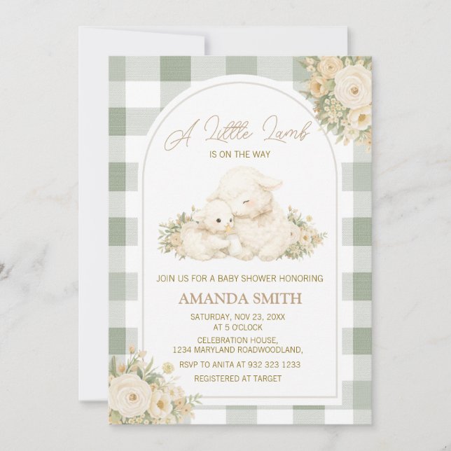 Sagegrön Gingham Lilla Lamm Babyshower Inbjudningar (Framsida)