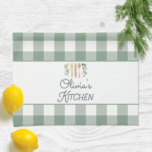 Sagegrön Gingham-mönster Farmhouse Cottagecore Kökshandduk