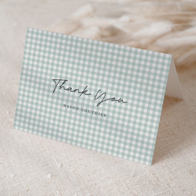 Sagegrön Gingham Mönster Script Vikad Foto   Tack Kort (Sage Green Gingham Check Baby Folded Photo Thank You Note Cards.)