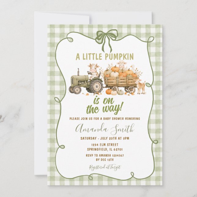 Sagegrön Gingham Pumpa Traktor Baby Shower Inbjudningar (Framsida)