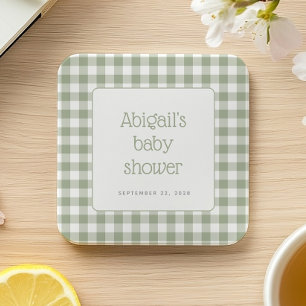Sagegrön Gingham-ruta Rustik Bebis-fest Underlägg Papper Kvadrat